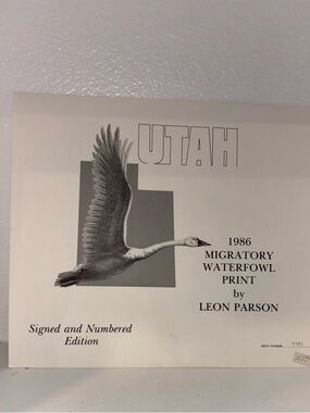 1986 Utah Migratory Waterfowl Print Leon Parson Signed Numbered Swan Art w Stamp